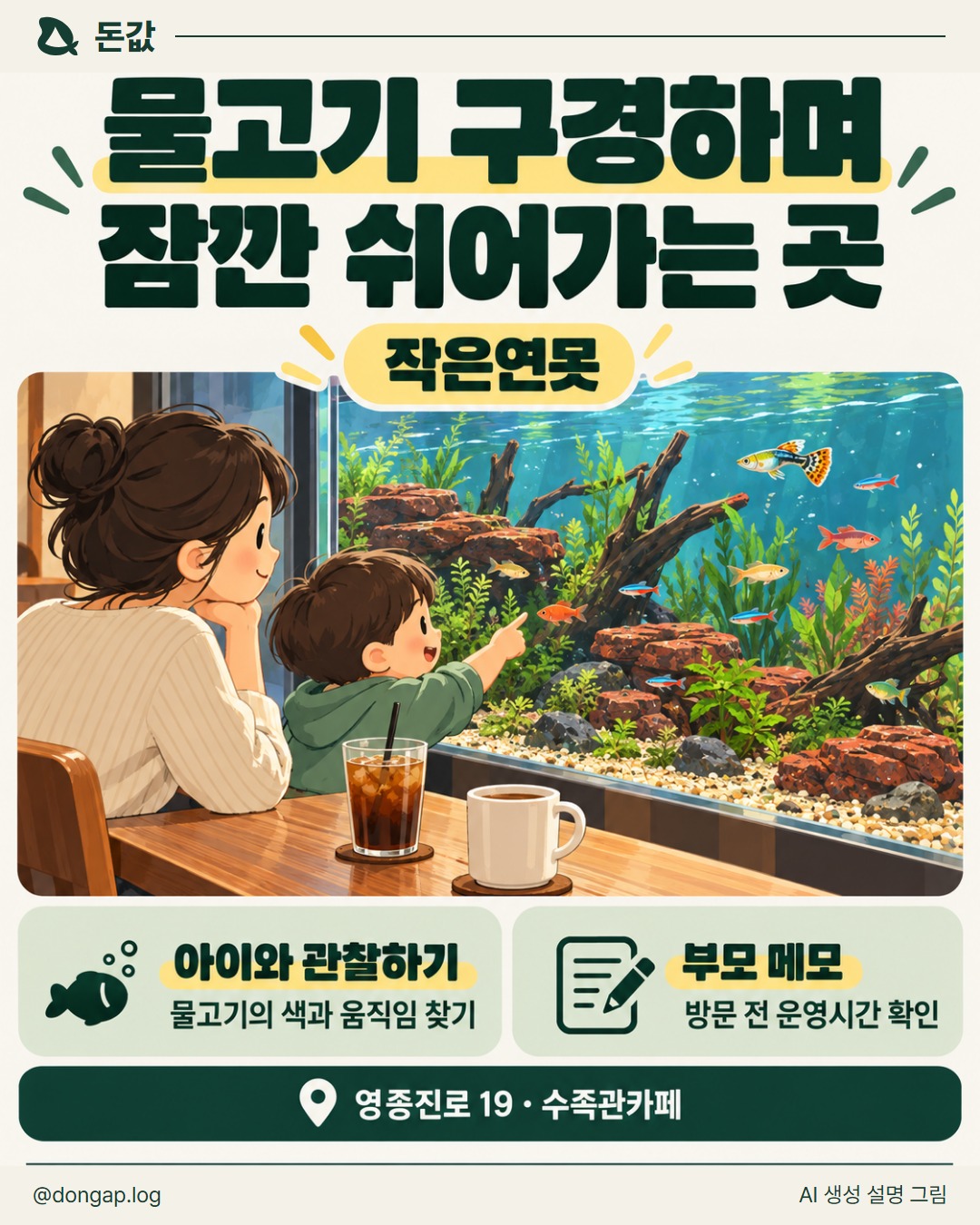 물고기 구경하며 잠깐 쉬어가는 곳. 작은연못
아이와 관찰하기: 물고기의 색과 움직임 찾기
부모 메모: 방문 전 운영시간 확인
영종진로 19 · 수족관카페