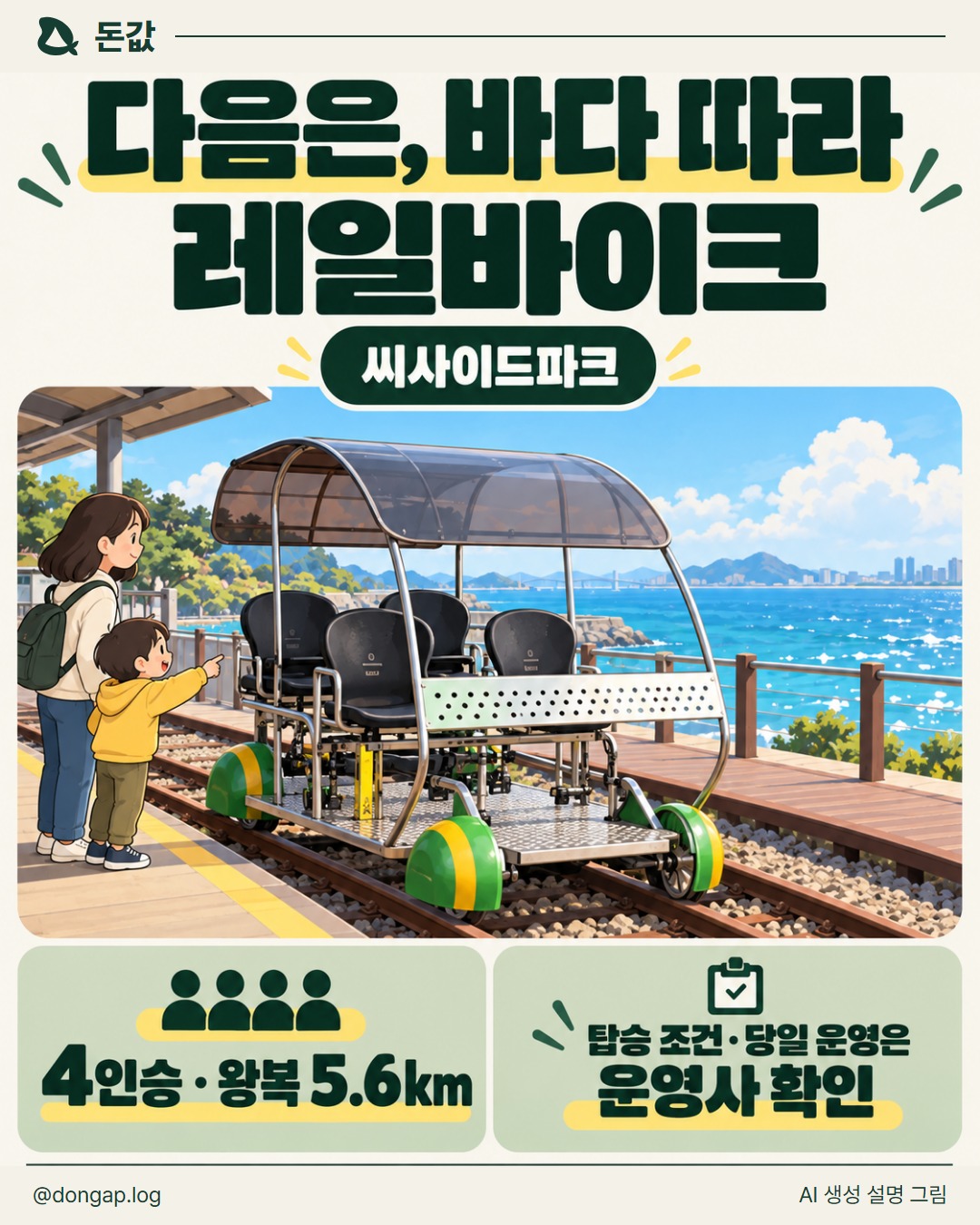 다음은, 바다 따라 레일바이크. 씨사이드파크
4인승 · 왕복 5.6km
탑승 조건·당일 운영은 운영사 확인