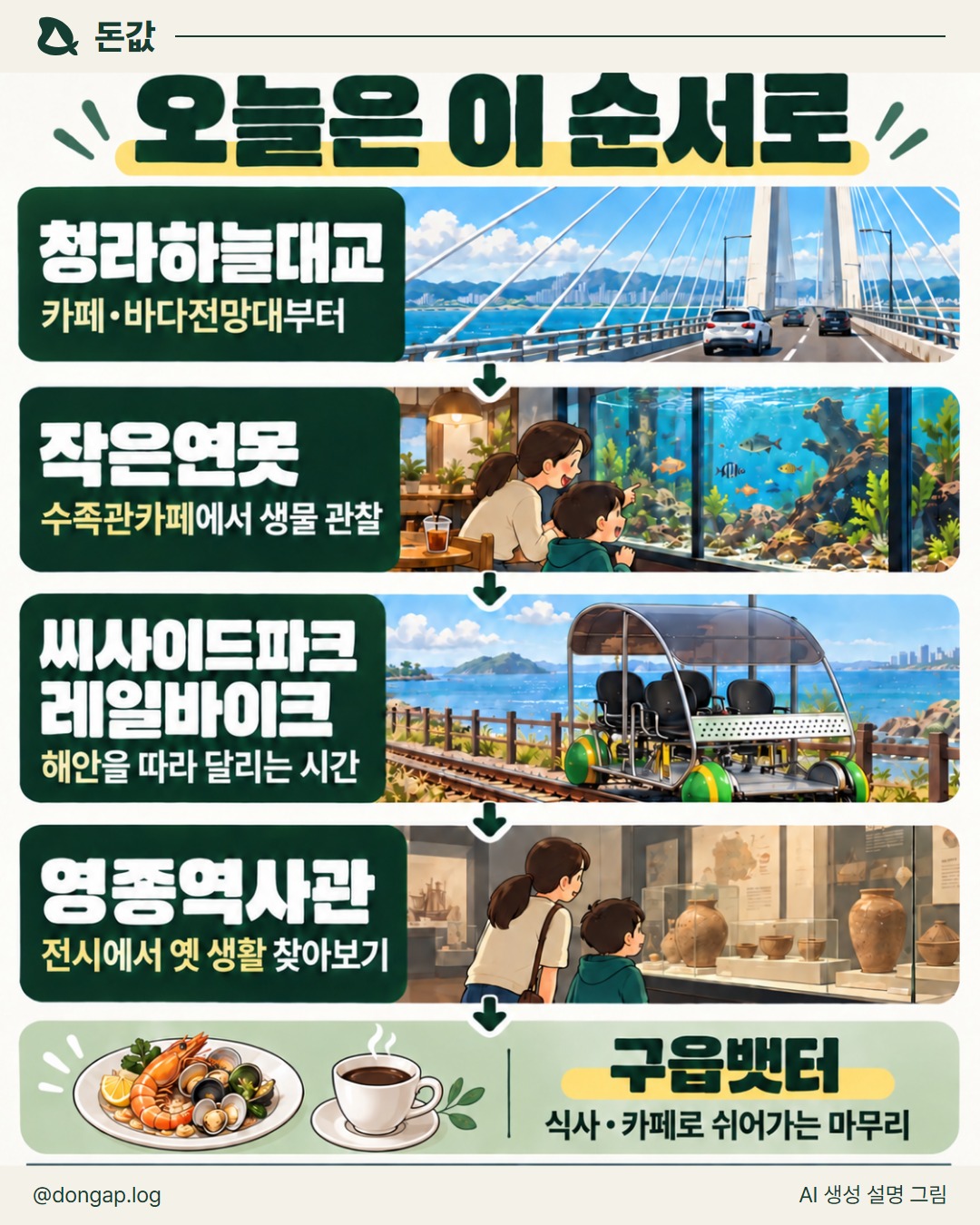 오늘은 이 순서로. 청라하늘대교: 카페·바다전망대부터
작은연못: 수족관카페에서 생물 관찰
씨사이드파크 레일바이크: 해안을 따라 달리는 시간
영종역사관: 전시에서 옛 생활 찾아보기
구읍뱃터: 식사·카페로 쉬어가는 마무리