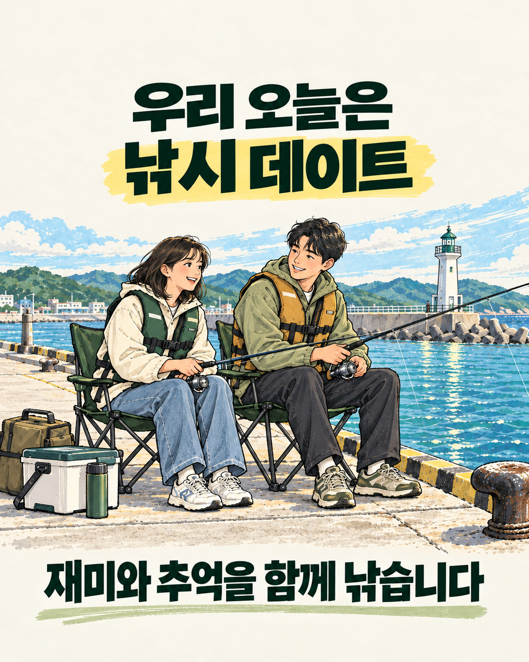 등대가 보이는 넓은 방파제에서 잉크·마커로 그린 성인 커플이 구명조끼를 입고 나란히 의자에 앉아 낚시하는 돈값 표지.