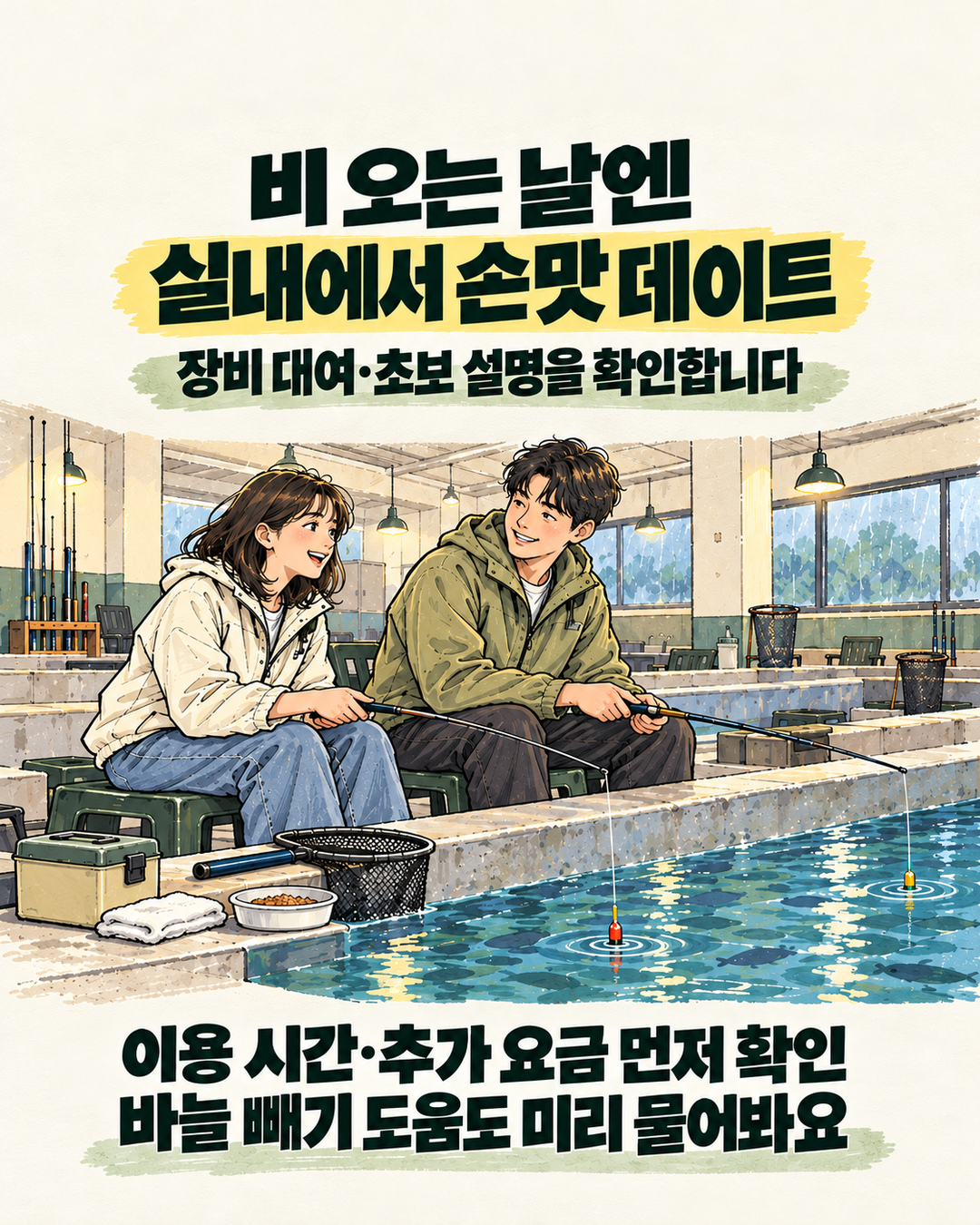 상호 없는 실내 낚시카페의 직사각 수조 옆에서 짧은 민물 낚싯대와 찌를 보며 함께 체험하는 스케치 성인 커플.