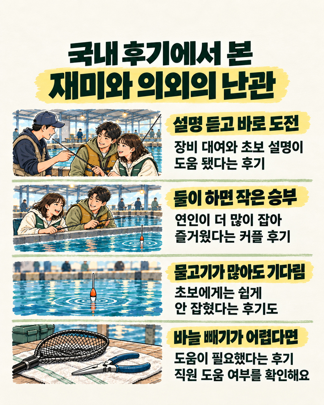 국내 방문 후기 세 건을 바탕으로 설명과 대여, 둘이 경쟁하는 재미, 기다림, 바늘 빼기 도움의 네 가지 경험을 요약한 카드.