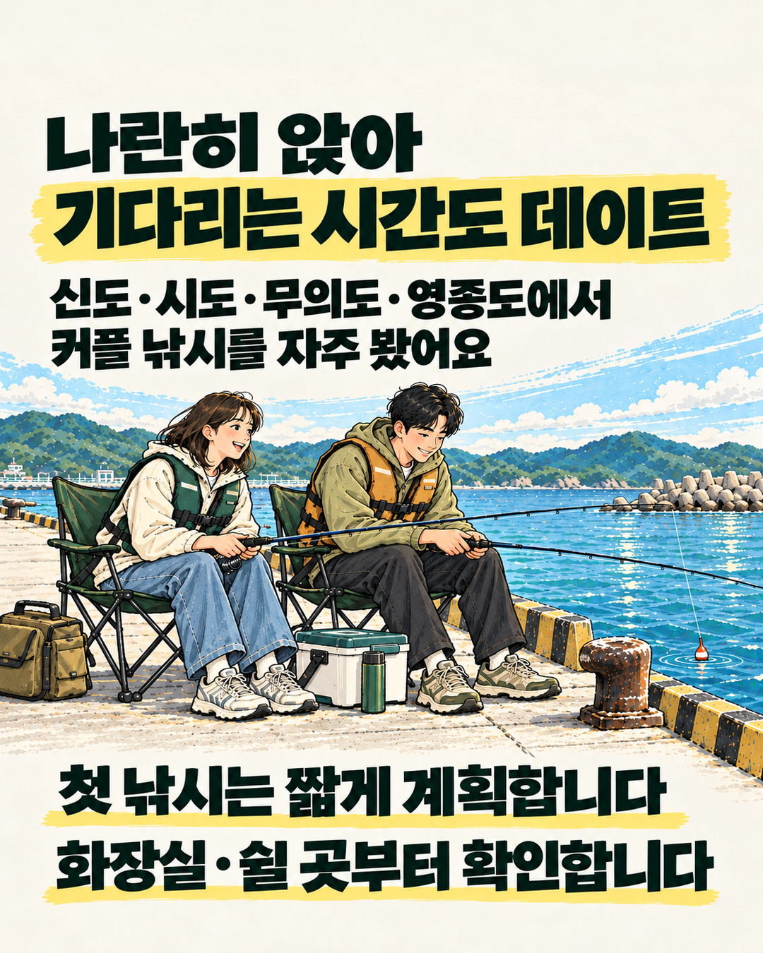 바다를 보며 나란히 앉은 스케치 커플과 신도·시도·무의도·영종도에서 본 커플 낚시 목격담, 첫 체험은 짧게 계획하자는 팁.