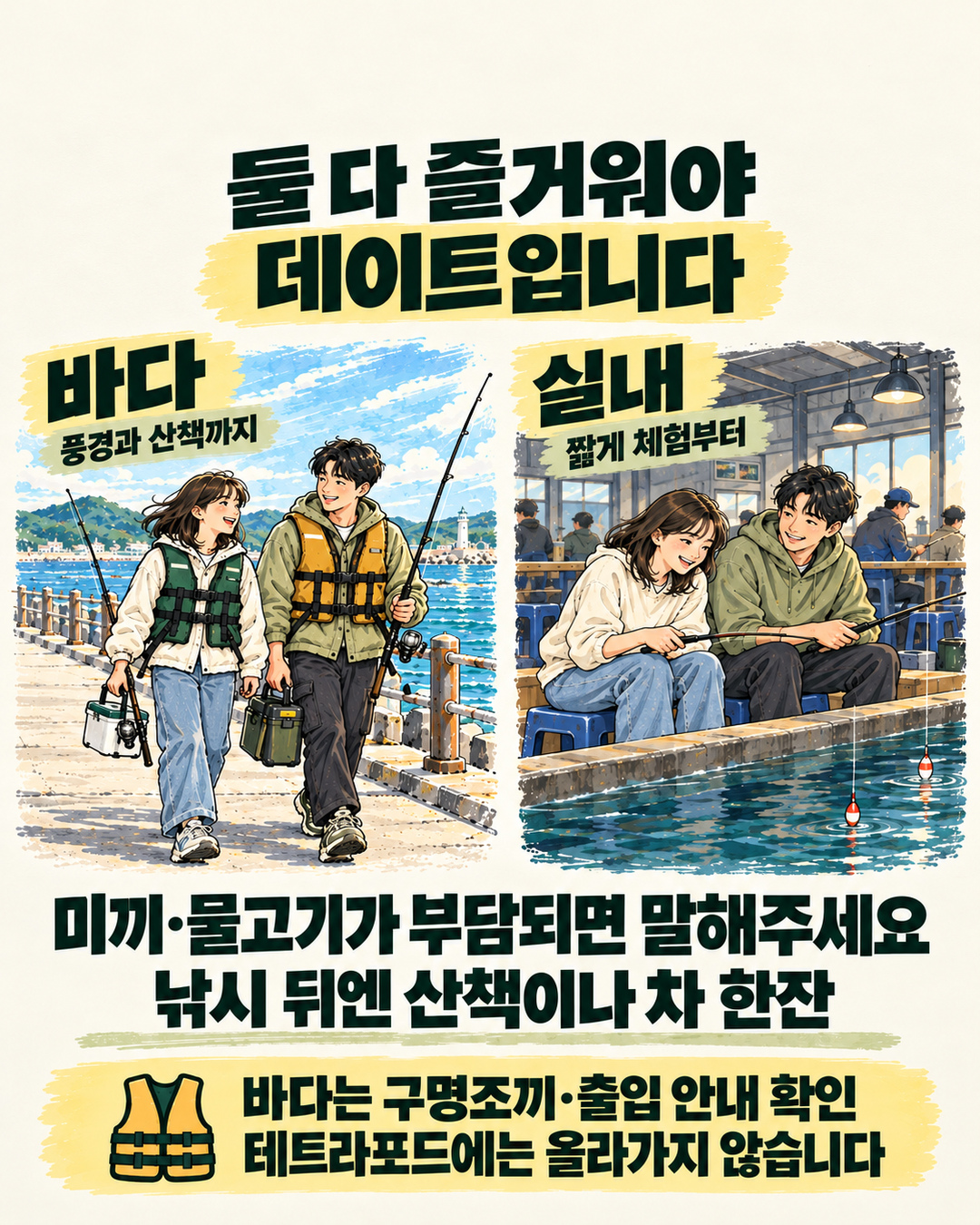 바다의 풍경·산책과 실내의 짧은 체험을 비교하고, 서로의 부담을 묻고 구명조끼·출입 안내를 확인하자는 데이트 팁.