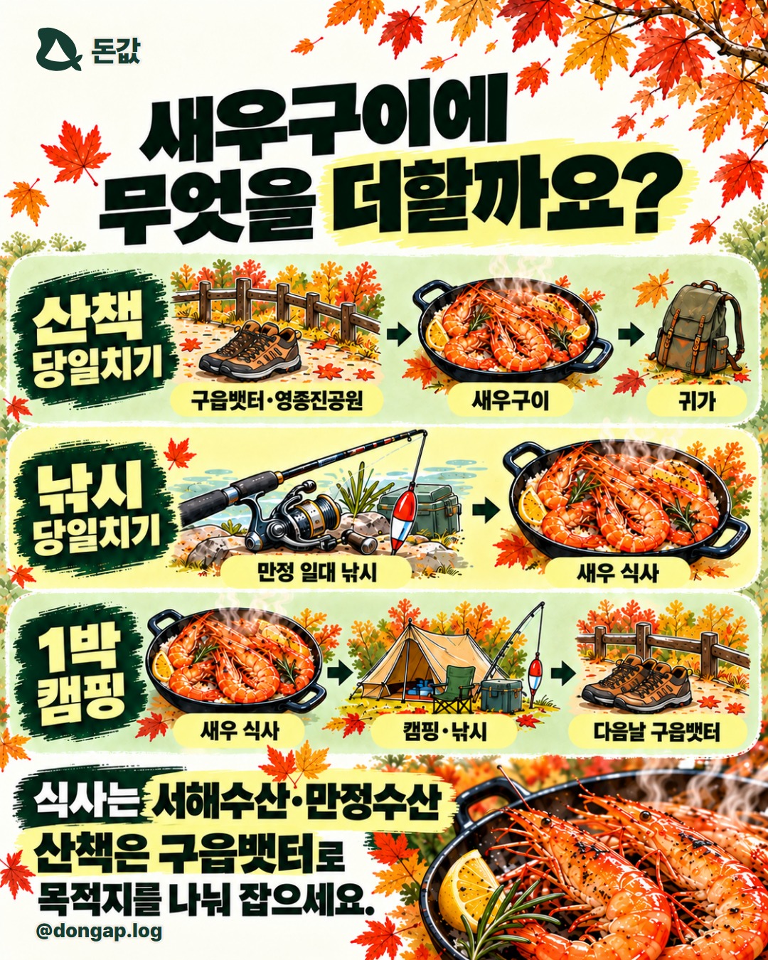 새우구이에 무엇을 더할까요?. 산책 당일치기: 구읍뱃터·영종진공원 → 새우구이 → 귀가
낚시 당일치기: 만정 일대 낚시 → 새우 식사
1박 캠핑: 새우 식사 → 캠핑·낚시 → 다음날 구읍뱃터
식사는 서해수산·만정수산, 산책은 구읍뱃터로 목적지를 나눠 잡으세요.